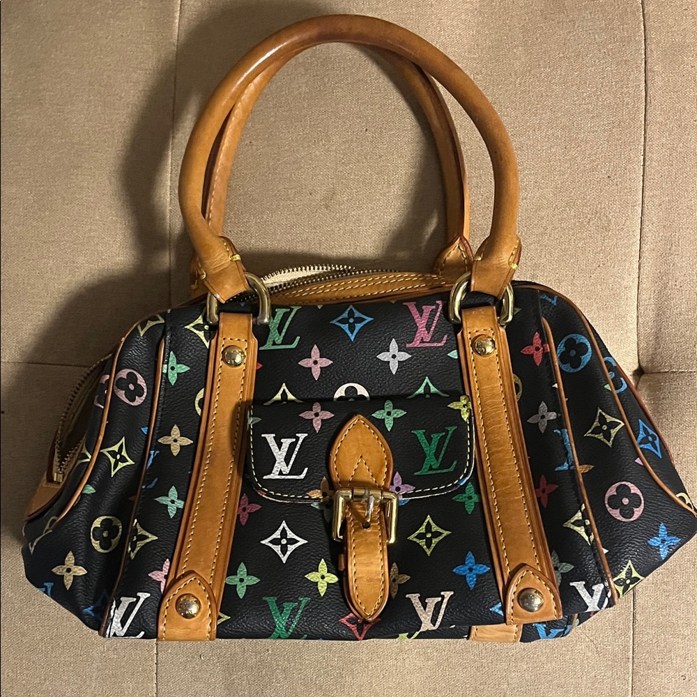 Louis Vuitton Black Multicolor Monogram Satchel with Tan Trim
